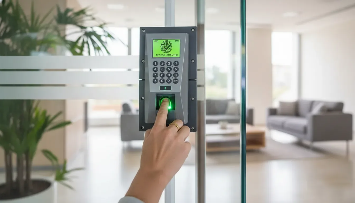 Fingerprint terminal beside a glass office door