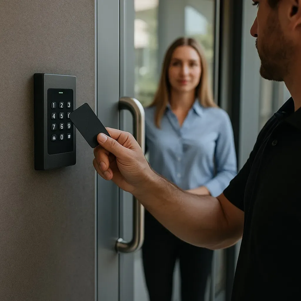 Woman tapping an access card at an office door reader