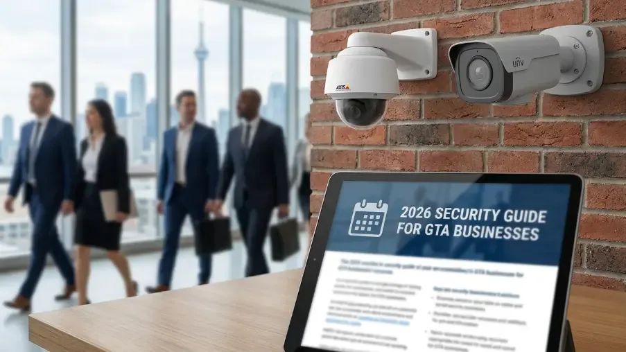 Business people beside cameras and a tablet showing a 2026 security guide