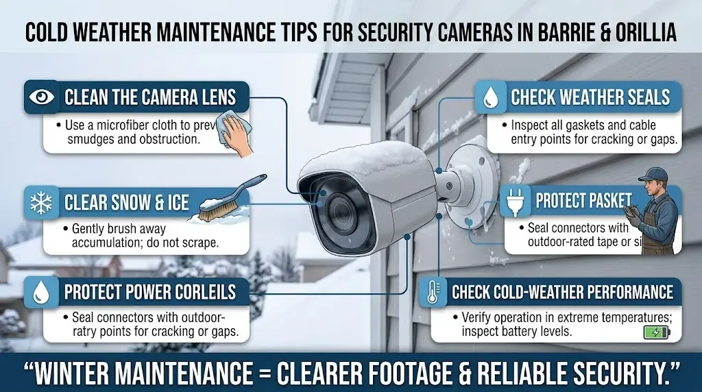 Infographic banner of cold-weather camera maintenance tips for Barrie and Orillia