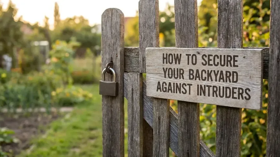Wooden gate sign reading How to secure your backyard against intruders
