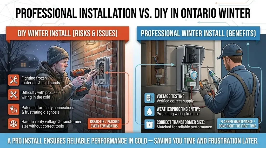 Infographic banner comparing professional and DIY doorbell installation in winter