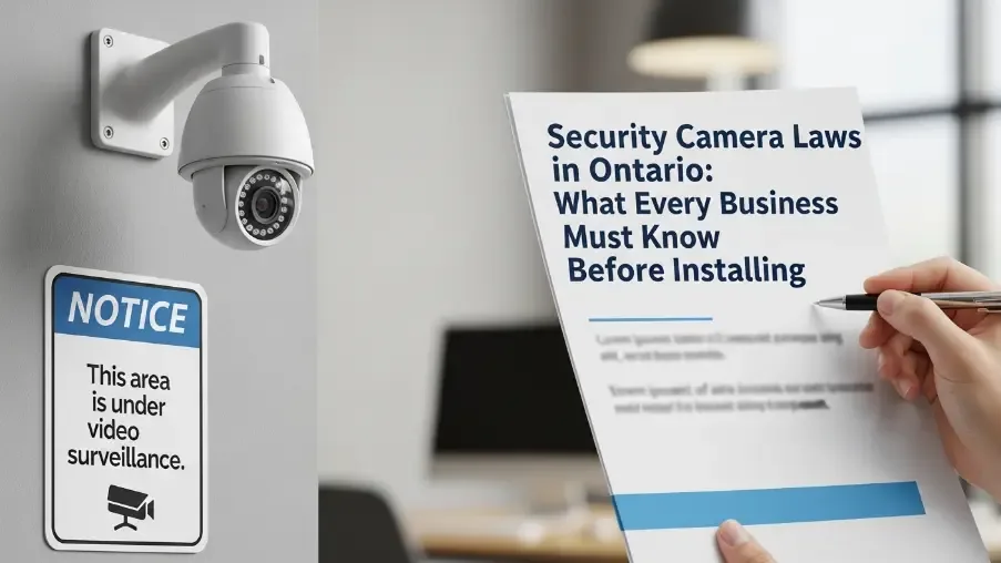 Banner reading Security camera laws in Ontario with a surveillance notice sign