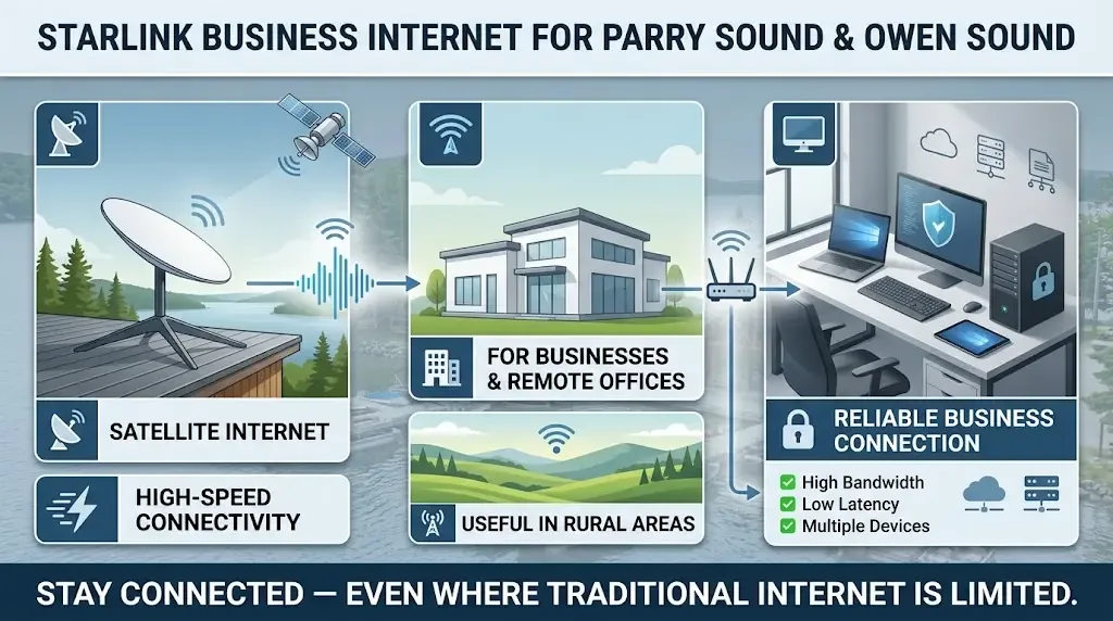 Infographic banner on Starlink business internet for Parry Sound and Owen Sound