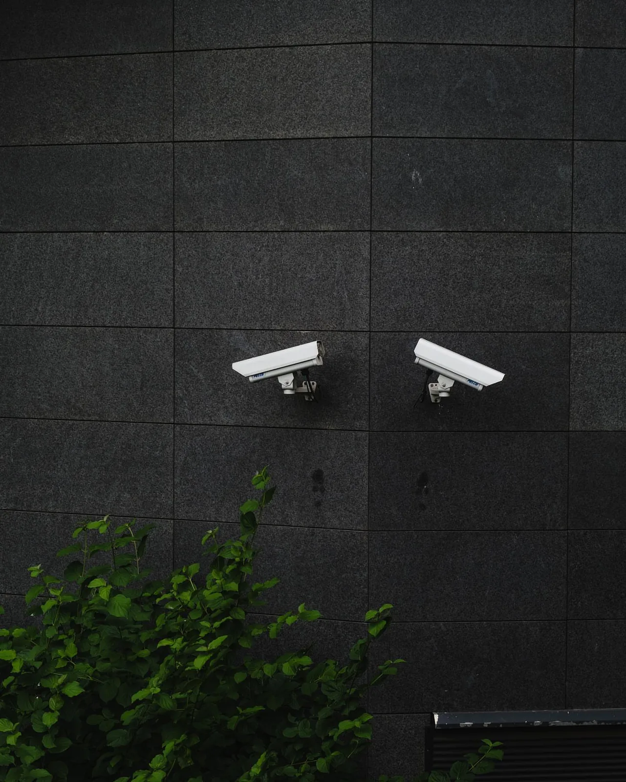 Two bullet cameras on a dark stone facade in Vaughan