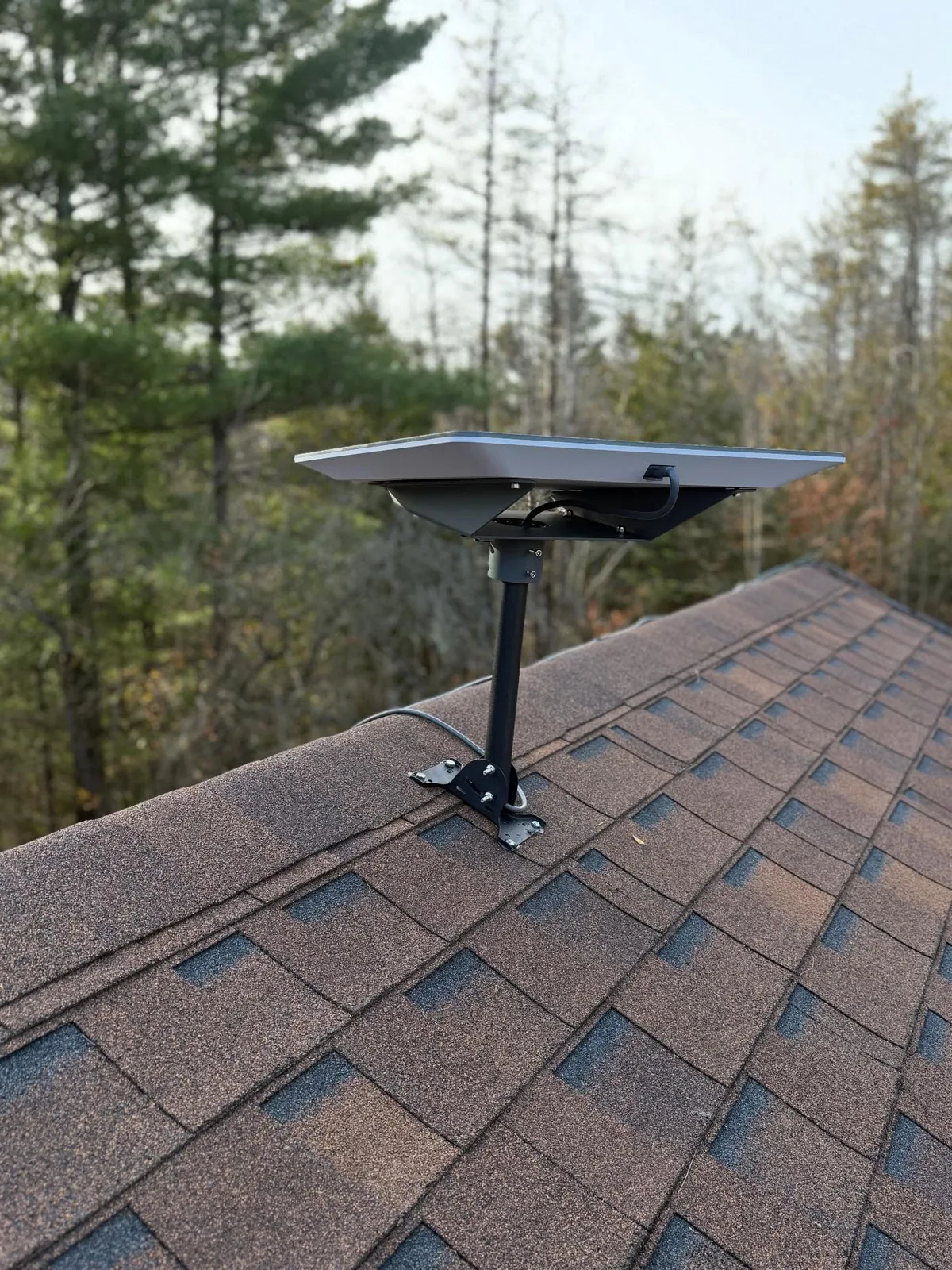 Starlink Performance dish on a shingle roof with forest behind at Mono Cliffs