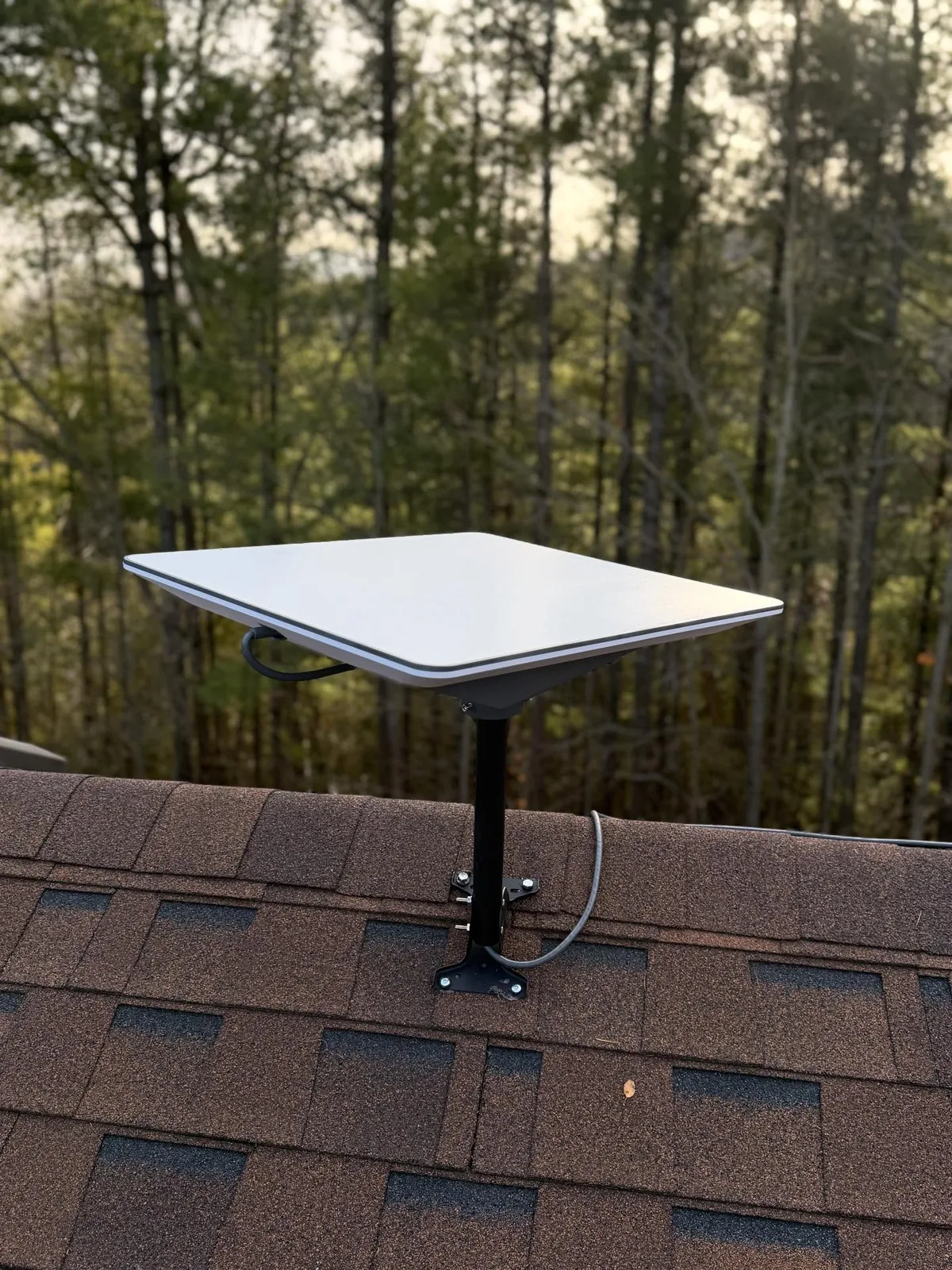 Starlink Performance Gen 2 dish on a roof mount above autumn trees at Mono Cliffs Provincial Park