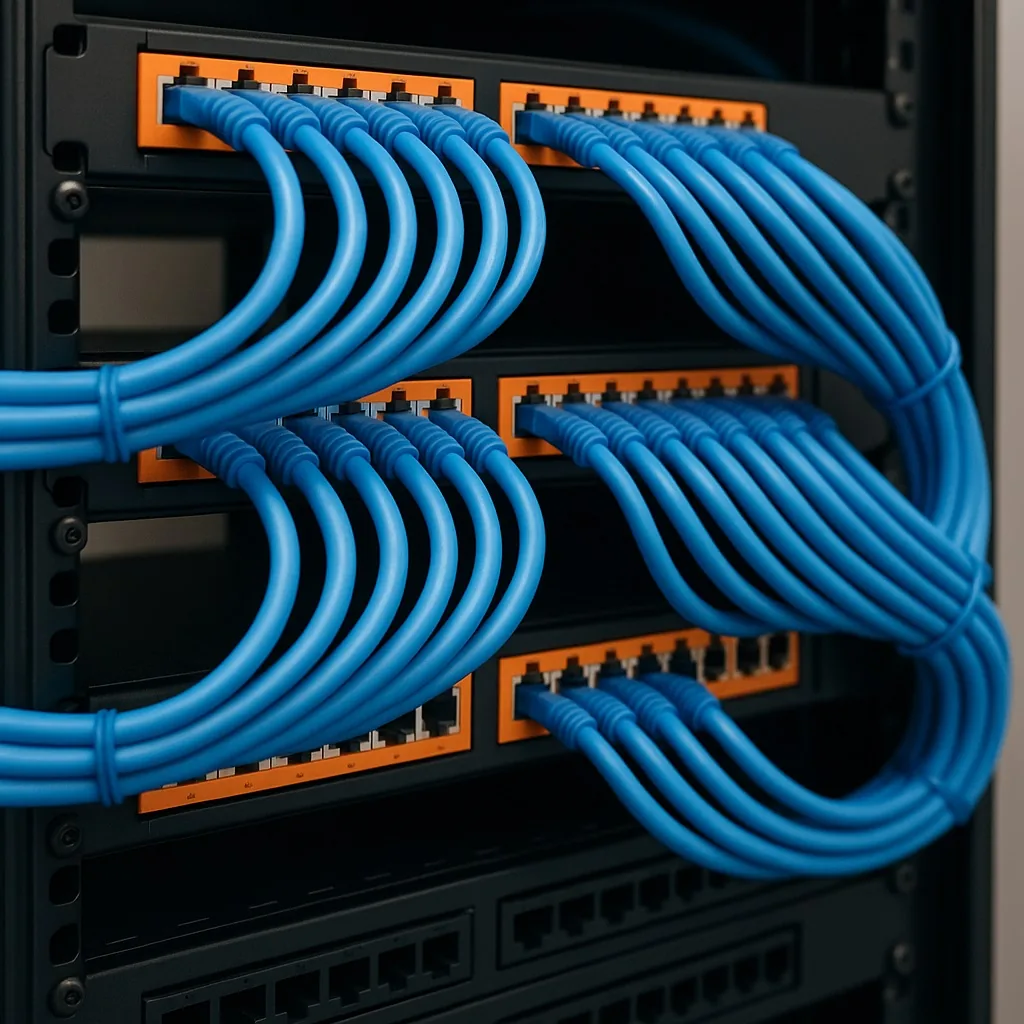 Blue patch cables neatly routed in a black rack