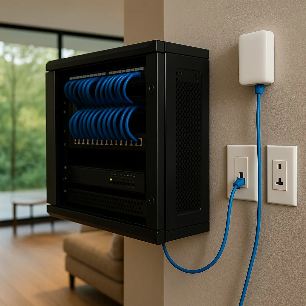 Wall-mounted network cabinet with blue cables in a home
