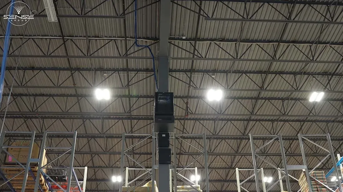 Network rack cabinet on a warehouse column