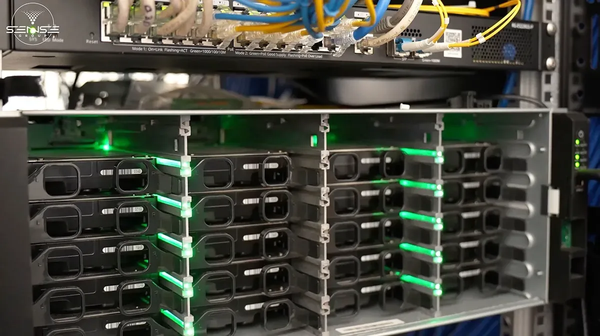 NVR storage array with green drive lights in a rack