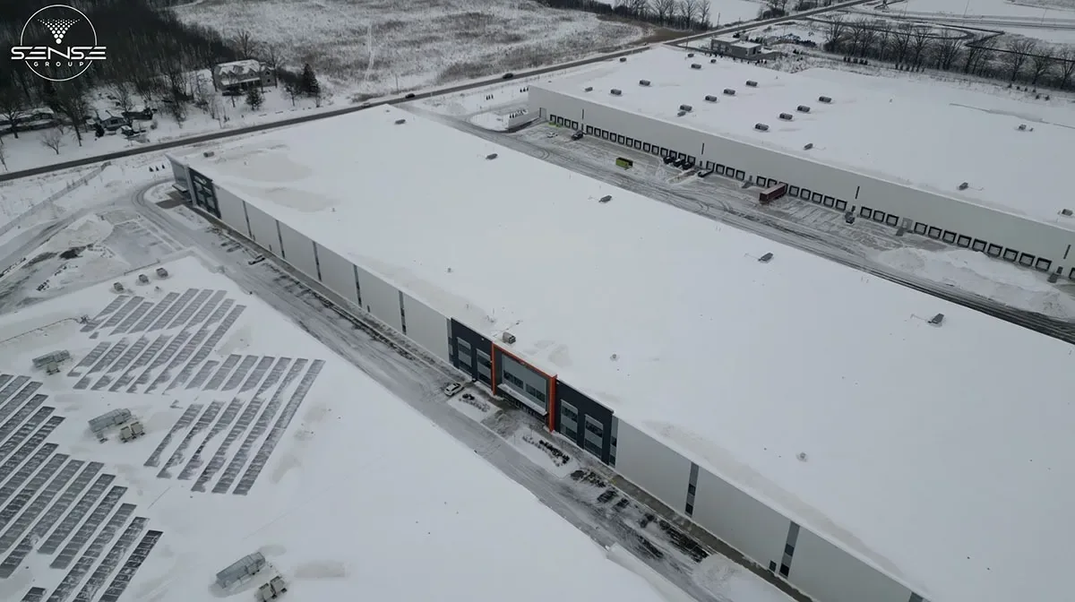 Drone view of the warehouse facility in winter