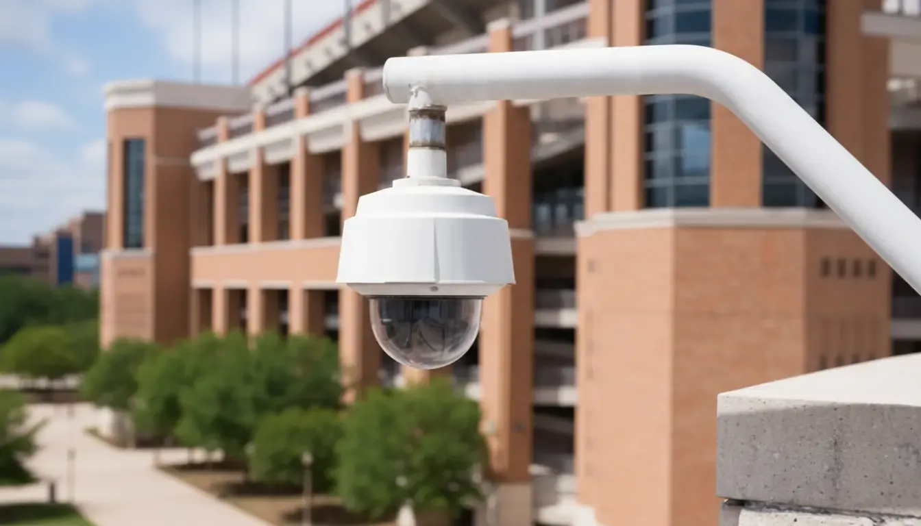 Dome camera on a pole outside a school building