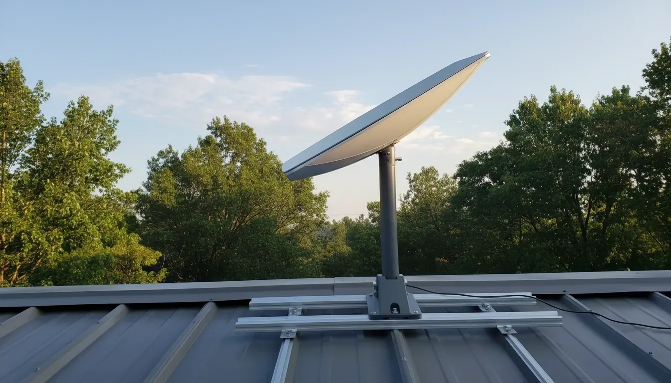 Starlink dish on a metal roof with trees behind