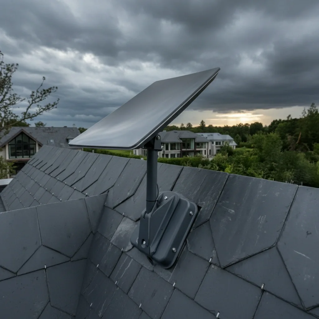 Starlink dish on a roof under storm clouds