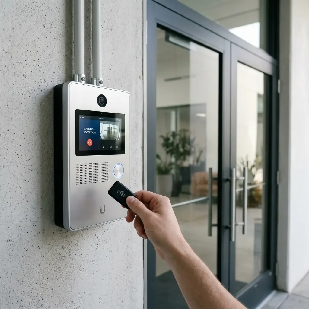 BAS-IP panel with a card presented beside a glass door