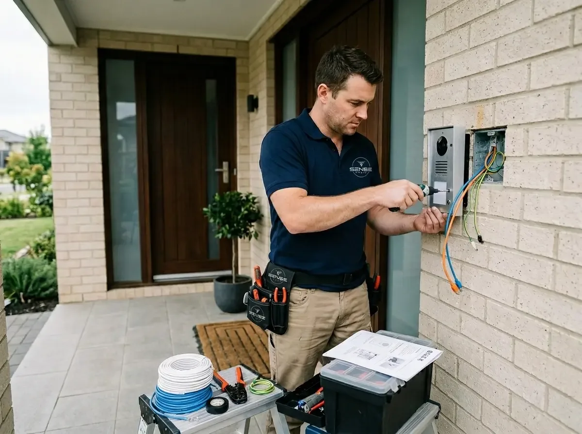 Technician wiring an intercom beside a residential front door