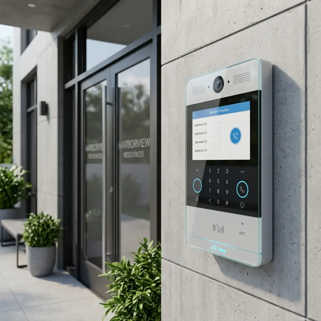 Ubiquiti intercom panel at an apartment building entrance