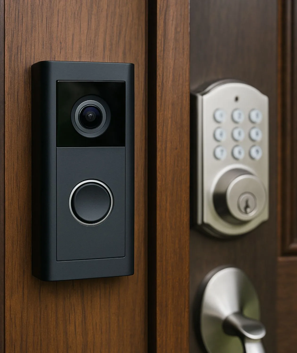 Video doorbell and keypad smart lock on a wooden entry door