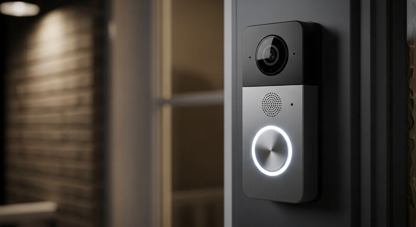 Video doorbell with a lit ring beside a door at night