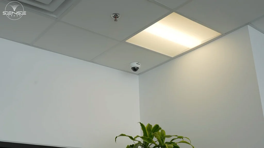 Ceiling mounted dome security camera installed in office corner for indoor video surveillance in Ontario commercial space
