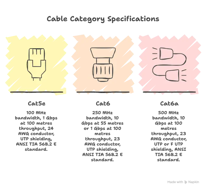 Spec sheet comparison of Cat5e, Cat6, and Cat6a Ethernet cables